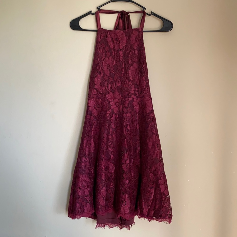 Red maroon silk lace floral back detail dress